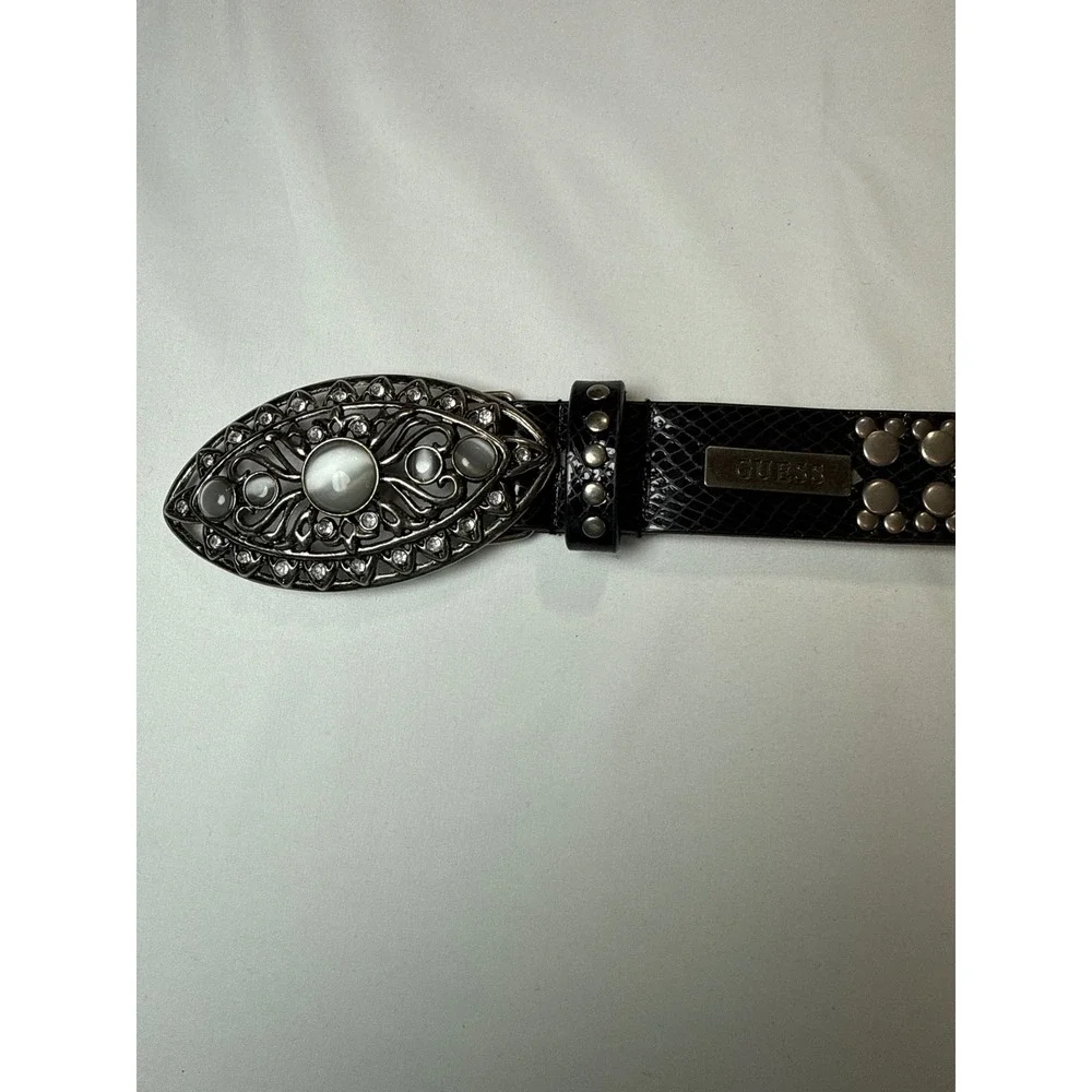 Guess Womens Black Faux Snake Studded Belt Filigree Rhinestone Buckle Size M Y2K